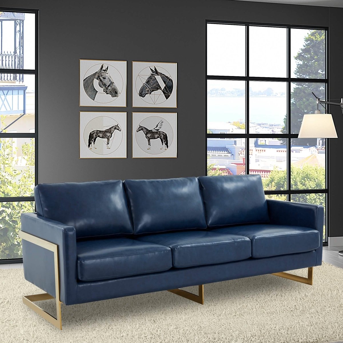 Lincoln 3-Seater Sofa Upholstered in Velvet/Leather with Black/Silver/Gold Steel Base Leather Gold Blue Sofa LeisureMod
