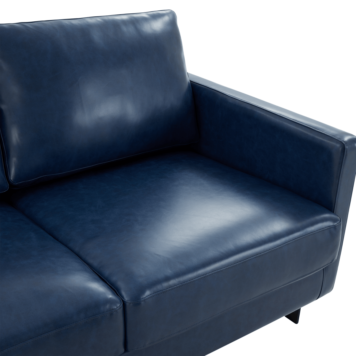Lincoln 3-Seater Sofa Upholstered in Velvet/Leather with Black/Silver/Gold Steel Base Leather Black Blue Sofa LeisureMod