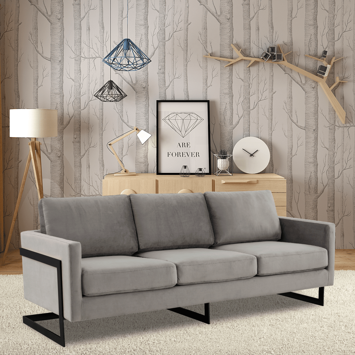 Lincoln 3-Seater Sofa Upholstered in Velvet/Leather with Black/Silver/Gold Steel Base Velvet Black Light Grey Sofa LeisureMod