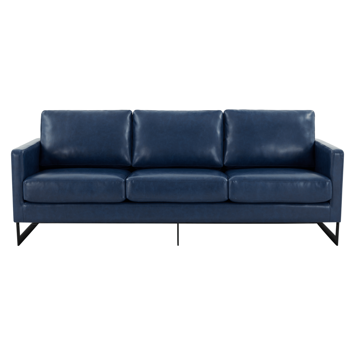 Lincoln 3-Seater Sofa Upholstered in Velvet/Leather with Black/Silver/Gold Steel Base Leather Black Blue Sofa LeisureMod