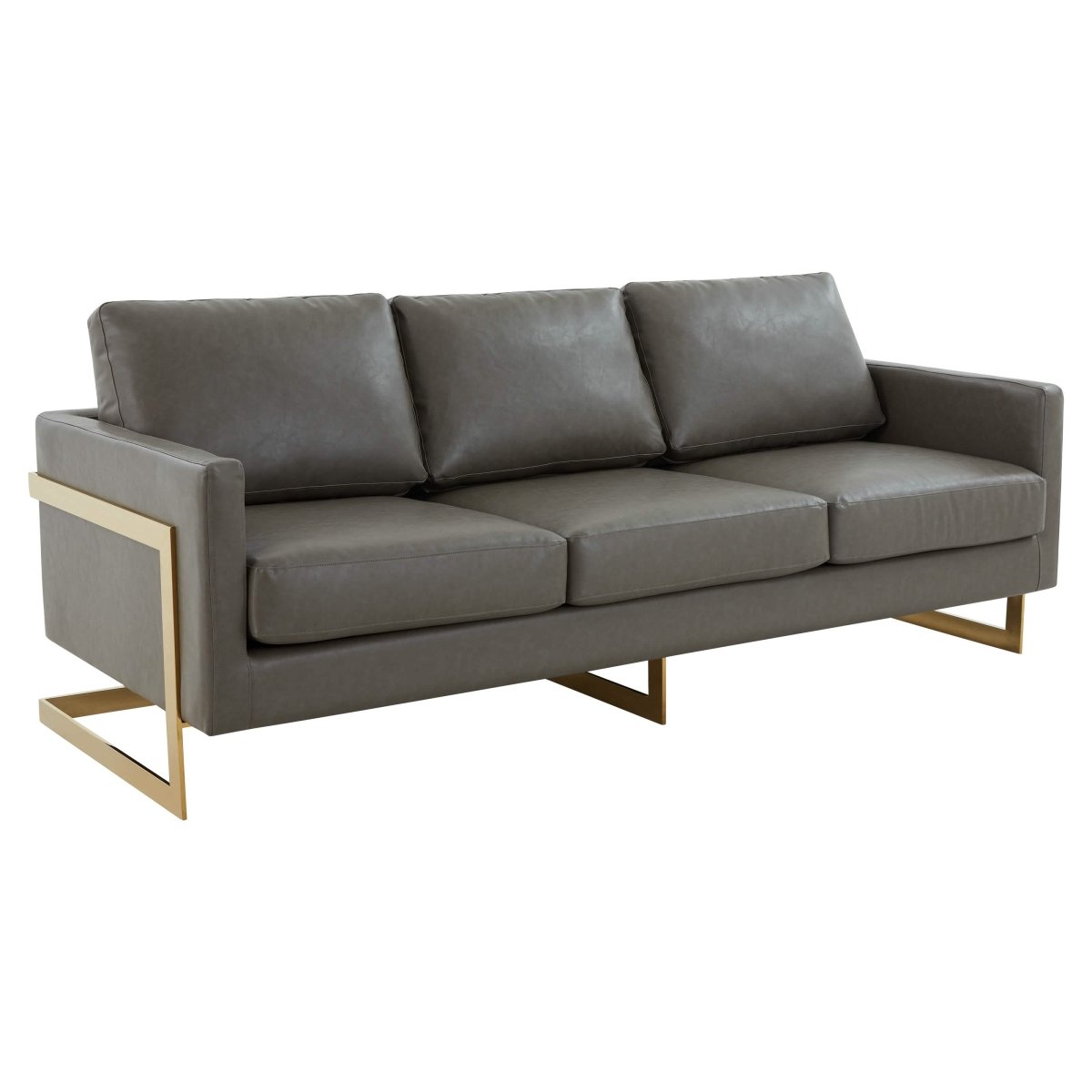 Lincoln 3-Seater Sofa Upholstered in Velvet/Leather with Black/Silver/Gold Steel Base Leather Gold Grey Sofa LeisureMod