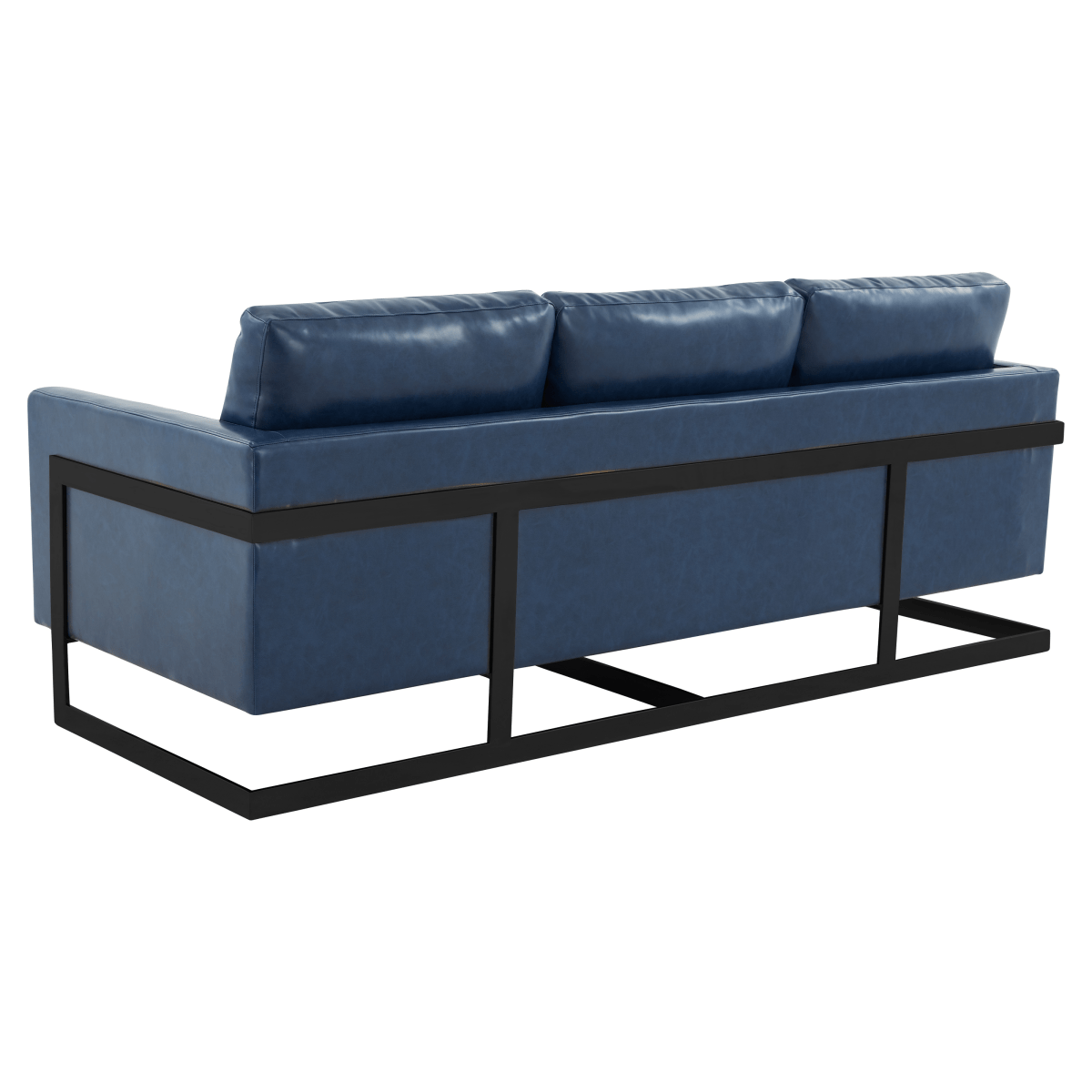Lincoln 3-Seater Sofa Upholstered in Velvet/Leather with Black/Silver/Gold Steel Base Leather Black Blue Sofa LeisureMod