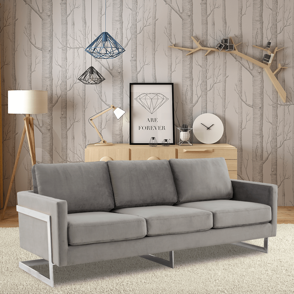 Lincoln 3-Seater Sofa Upholstered in Velvet/Leather with Black/Silver/Gold Steel Base Velvet Silver Light Grey Sofa LeisureMod