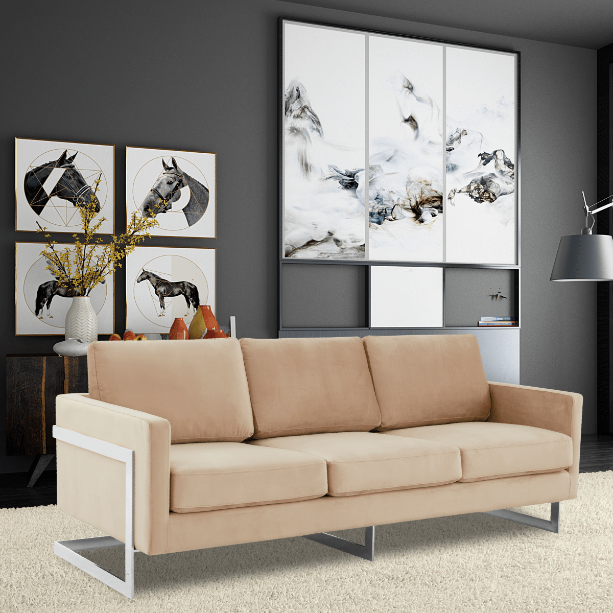 Lincoln 3-Seater Sofa Upholstered in Velvet/Leather with Black/Silver/Gold Steel Base Velvet Silver Beige Sofa LeisureMod