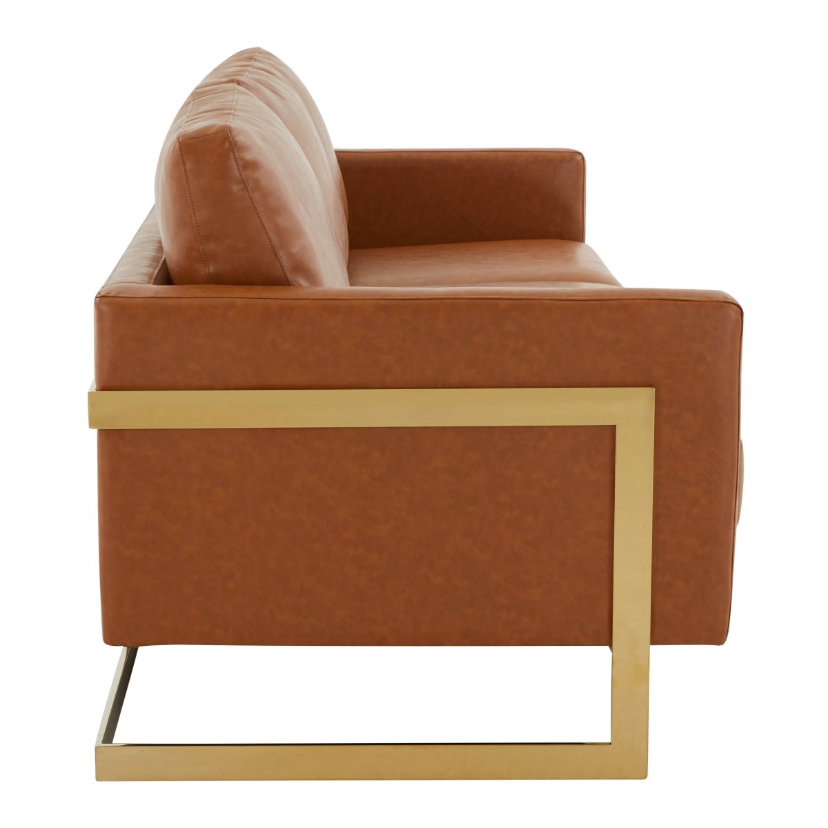 Lincoln 3-Seater Sofa Upholstered in Velvet/Leather with Black/Silver/Gold Steel Base Leather Gold Brown Sofa LeisureMod