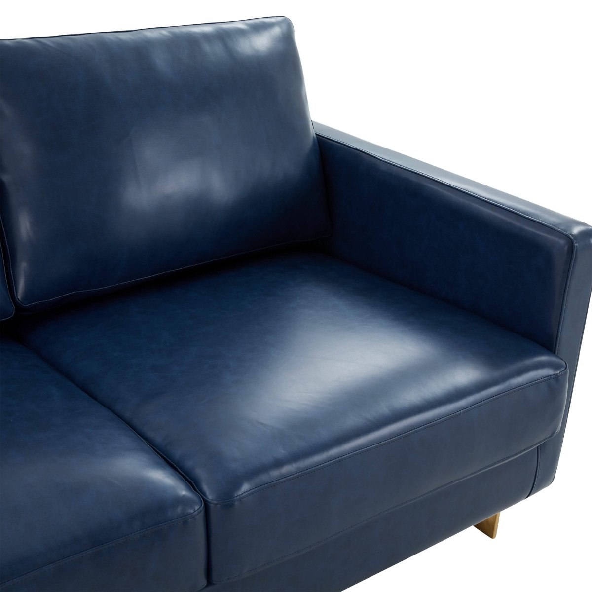 Lincoln 3-Seater Sofa Upholstered in Velvet/Leather with Black/Silver/Gold Steel Base Leather Gold Blue Sofa LeisureMod