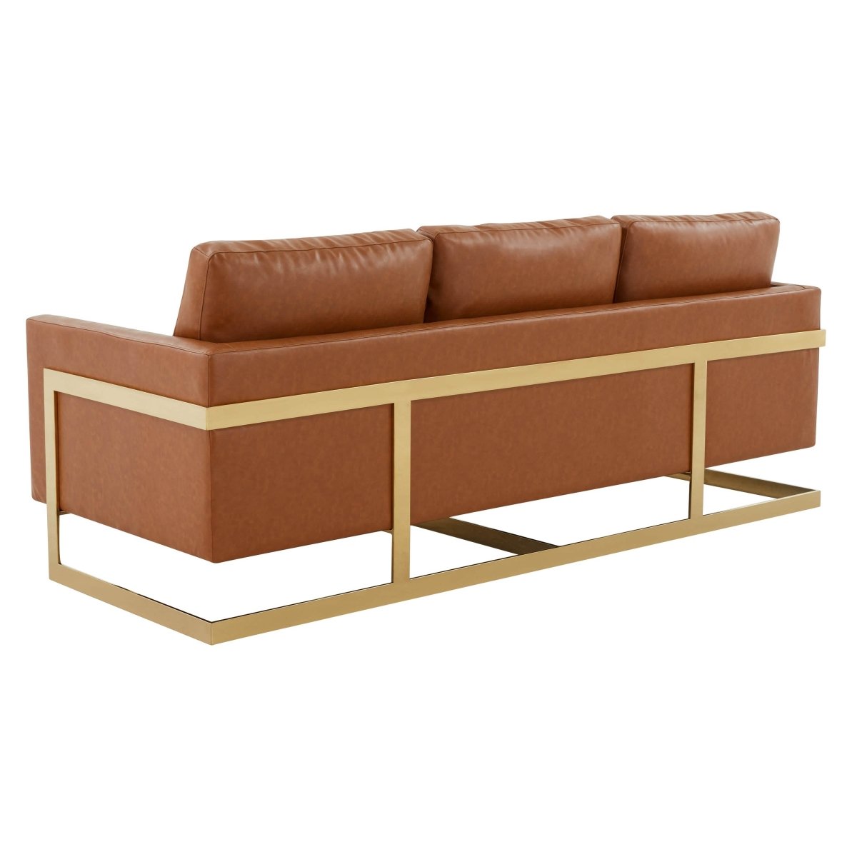 Lincoln 3-Seater Sofa Upholstered in Velvet/Leather with Black/Silver/Gold Steel Base Leather Gold Brown Sofa LeisureMod