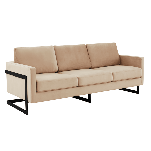 Lincoln 3-Seater Sofa Upholstered in Velvet/Leather with Black/Silver/Gold Steel Base Velvet Black Beige Sofa LeisureMod