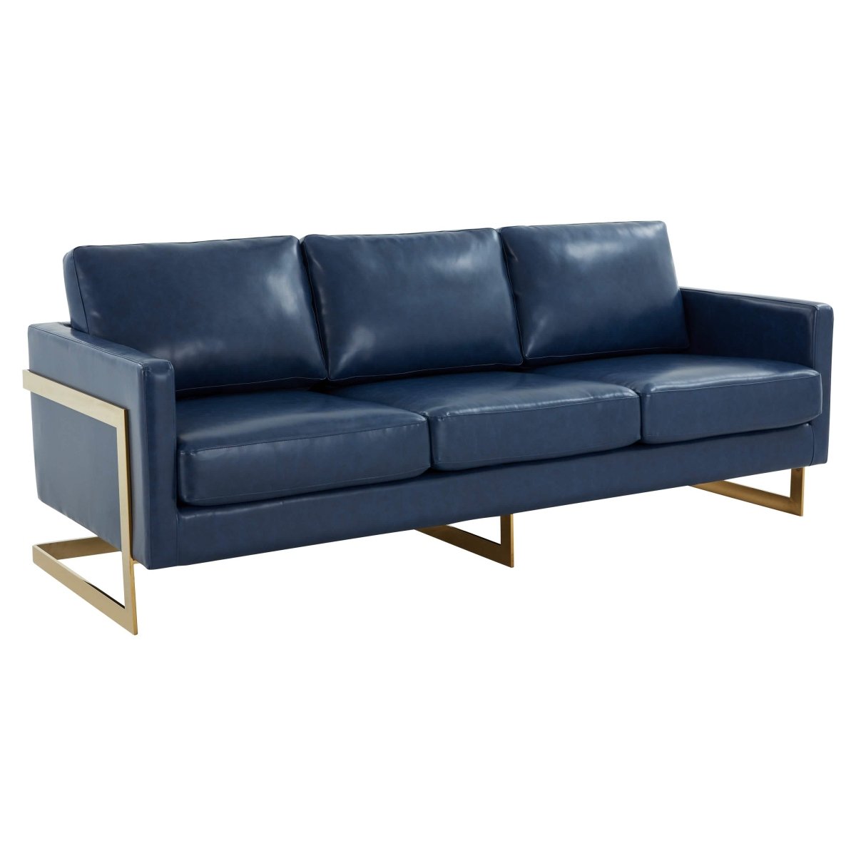Lincoln 3-Seater Sofa Upholstered in Velvet/Leather with Black/Silver/Gold Steel Base Leather Gold Blue Sofa LeisureMod
