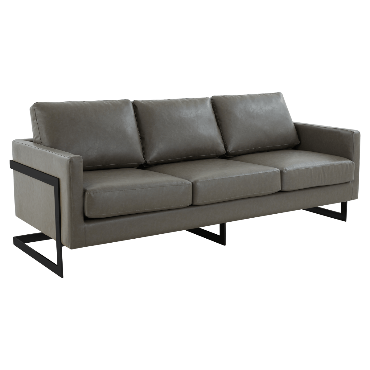 Lincoln 3-Seater Sofa Upholstered in Velvet/Leather with Black/Silver/Gold Steel Base Leather Black Grey Sofa LeisureMod