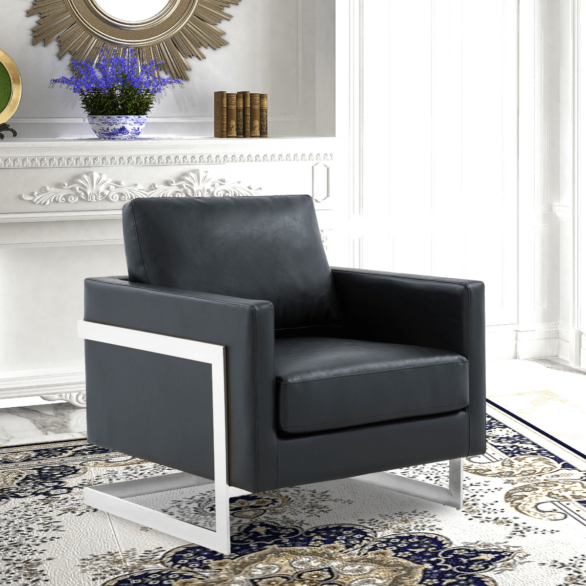 Lincoln Modern Upholstered in Fabric Single Seater Sofa With Gold/Black/White Metal Frame Leather Silver Black Sofa Leisuremod