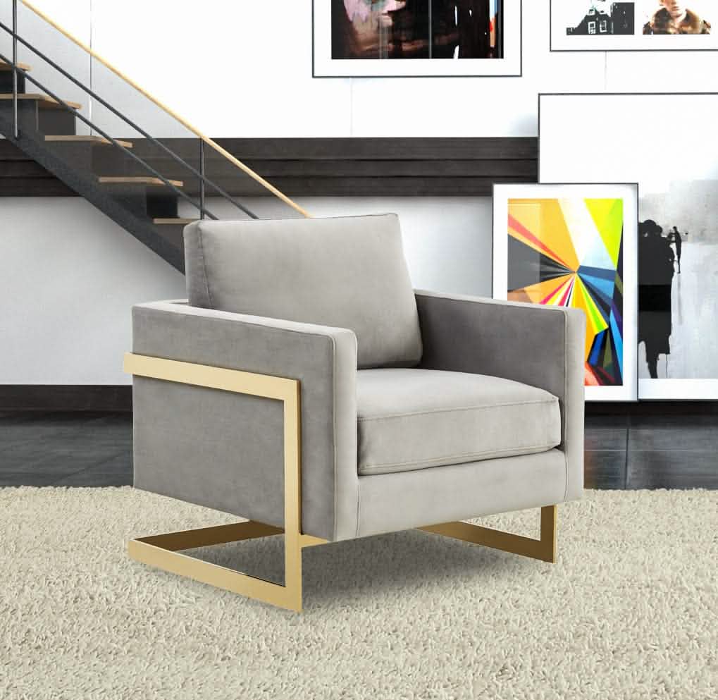 Lincoln Modern Upholstered in Fabric Single Seater Sofa With Gold/Black/White Metal Frame Velvet Gold Light Grey Sofa Leisuremod