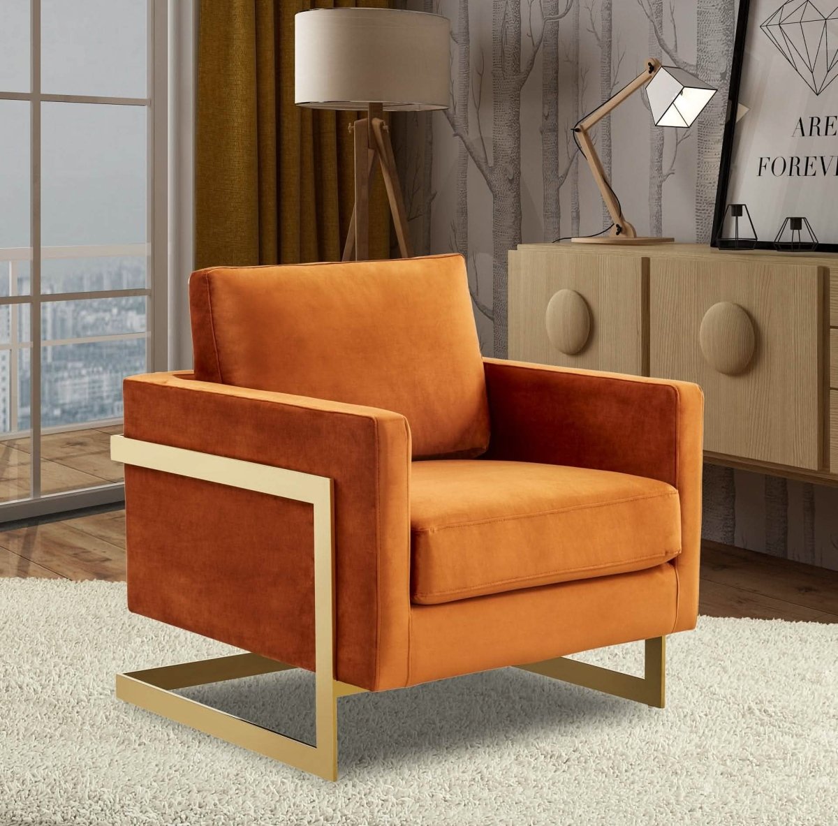 Lincoln Modern Upholstered in Fabric Single Seater Sofa With Gold/Black/White Metal Frame Velvet Gold Dark Grey Sofa Leisuremod