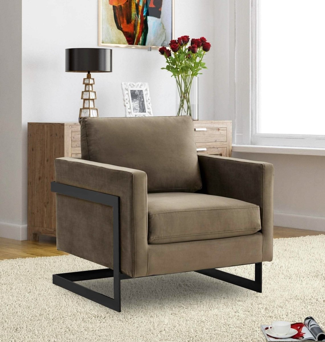 Lincoln Modern Upholstered in Fabric Single Seater Sofa With Gold/Black/White Metal Frame Velvet Gold Light Grey Sofa Leisuremod