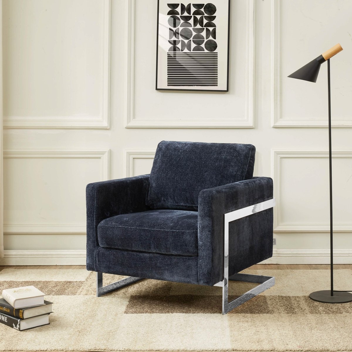 Lincoln Modern Upholstered in Fabric Single Seater Sofa With Gold/Black/White Metal Frame Boucle Silver Blue Sofa Leisuremod