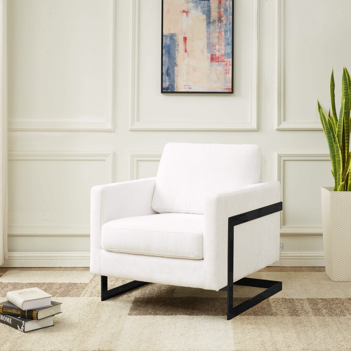 Lincoln Modern Upholstered in Fabric Single Seater Sofa With Gold/Black/White Metal Frame Boucle Black White Sofa Leisuremod