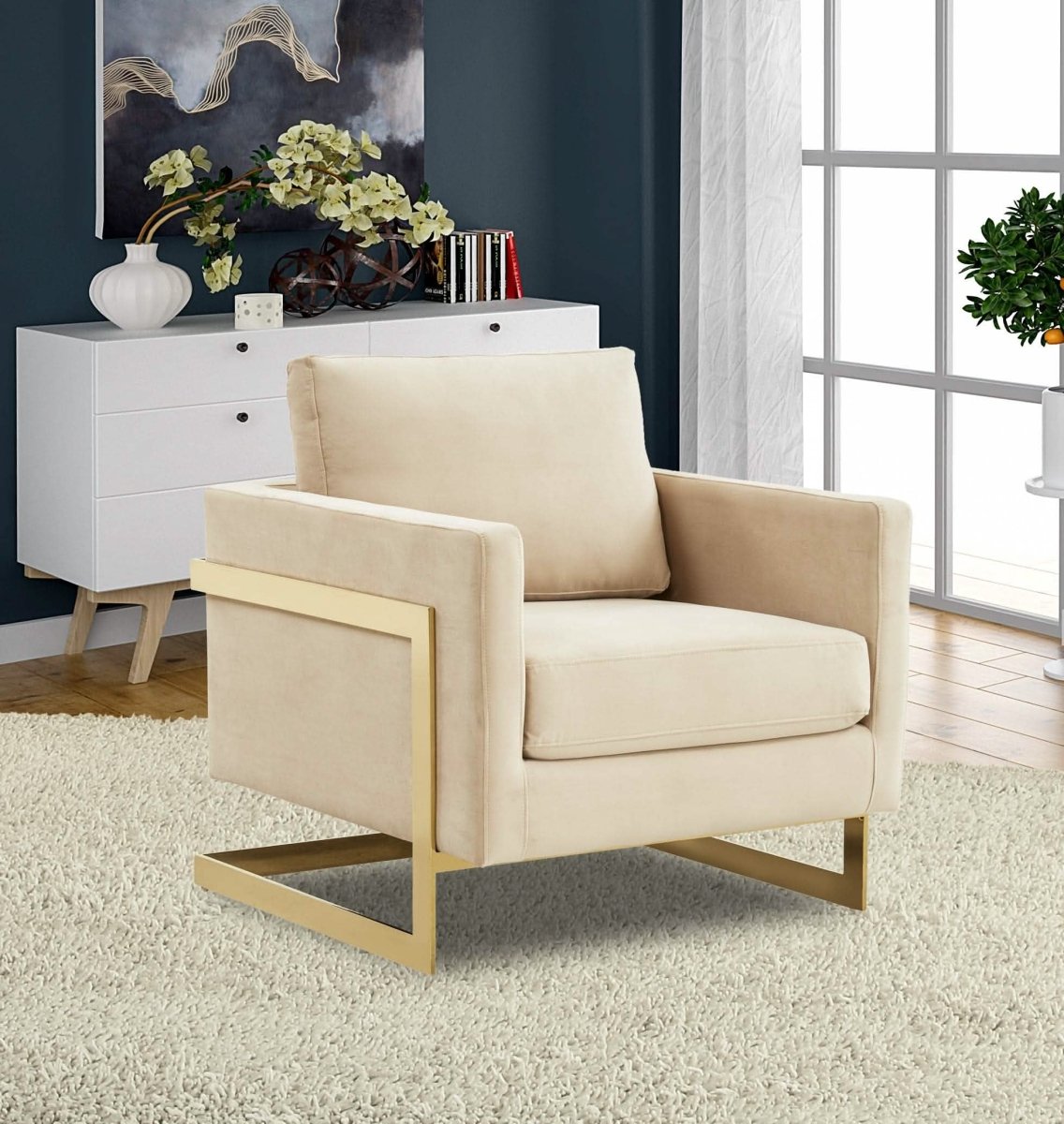 Lincoln Modern Upholstered in Fabric Single Seater Sofa With Gold/Black/White Metal Frame Velvet Gold Beige Sofa Leisuremod