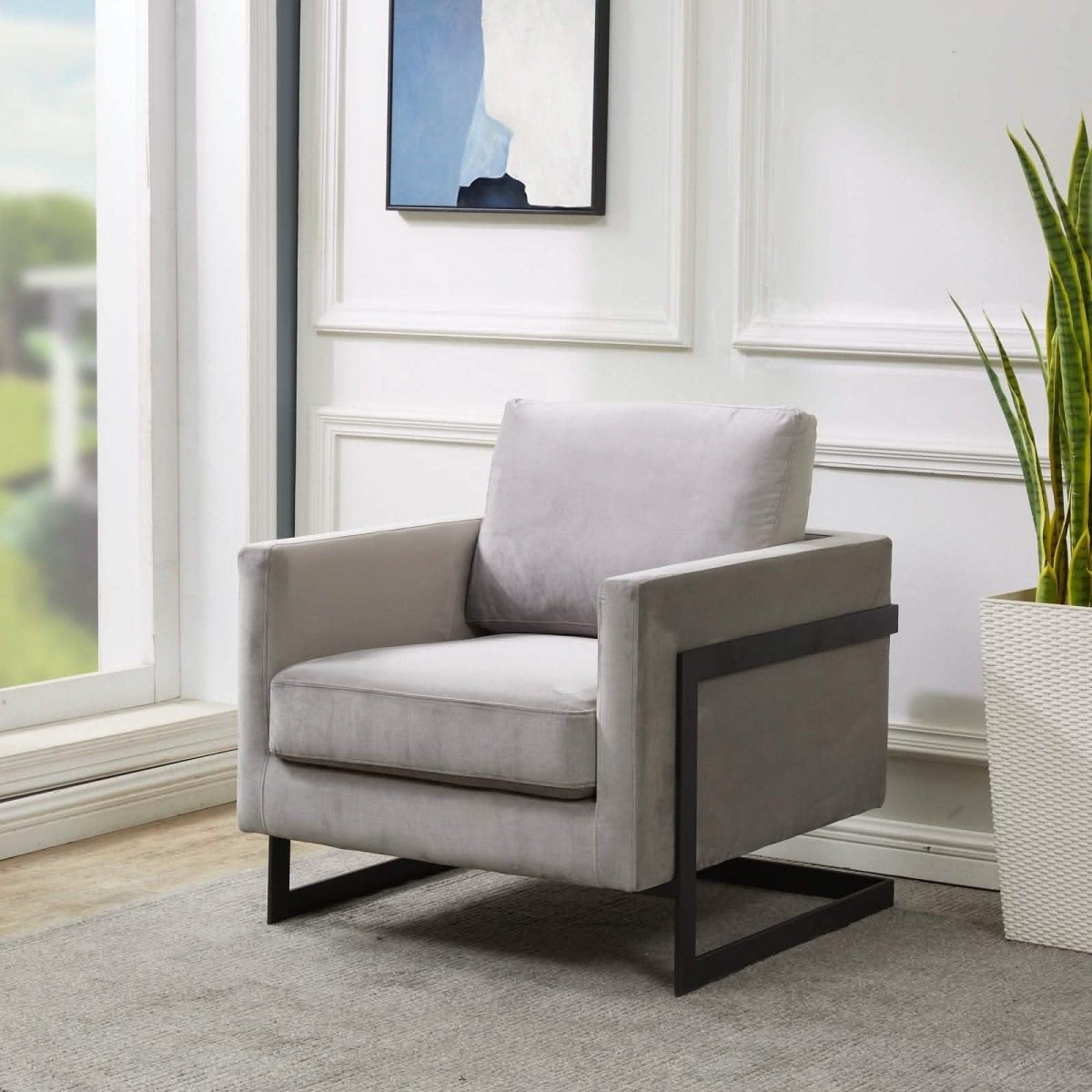 Lincoln Modern Upholstered in Fabric Single Seater Sofa With Gold/Black/White Metal Frame Velvet Black Light Grey Sofa Leisuremod