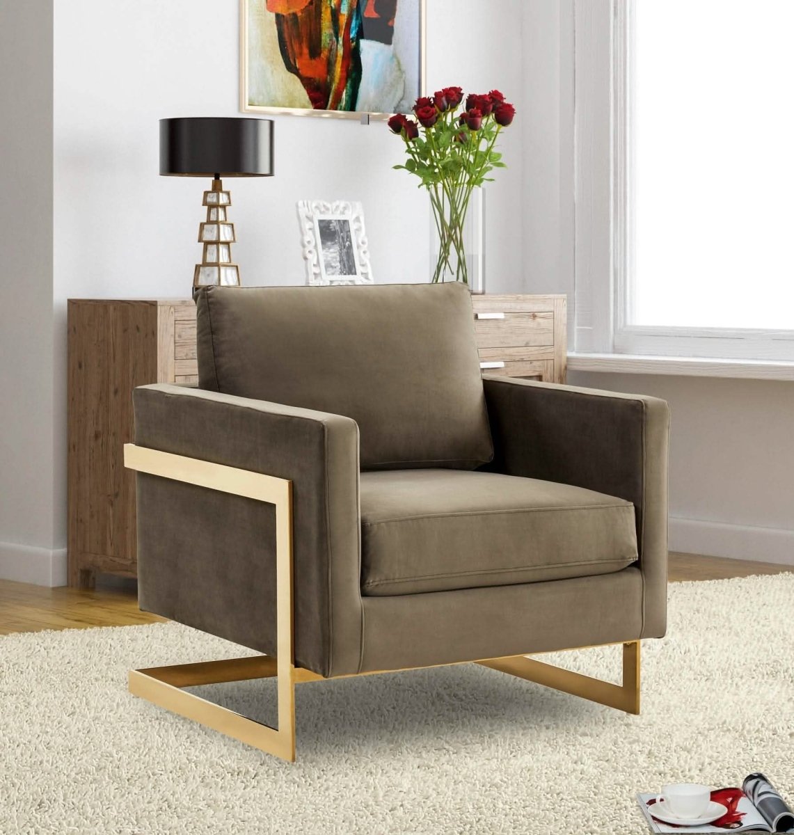 Lincoln Modern Upholstered in Fabric Single Seater Sofa With Gold/Black/White Metal Frame Velvet Gold Dark Grey Sofa Leisuremod