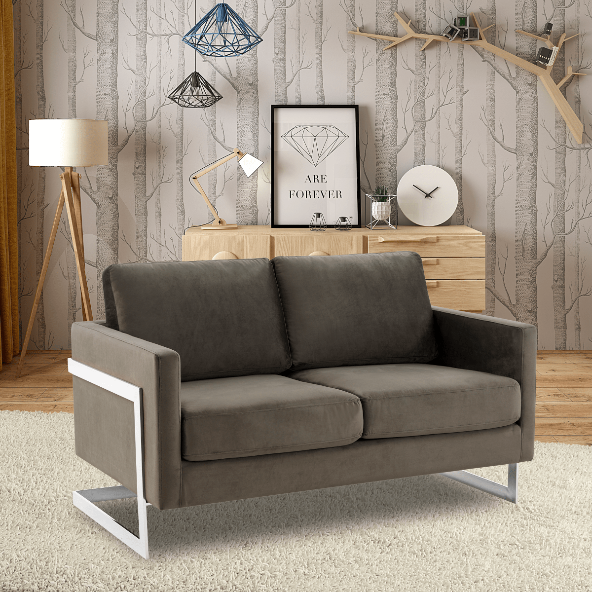 Lincoln Velvet/Leather Upholstered Loveseat with Gold/Black/Silver Steel Frame & Removable Cushions Velvet Silver Dark Grey Sofa Leisuremod