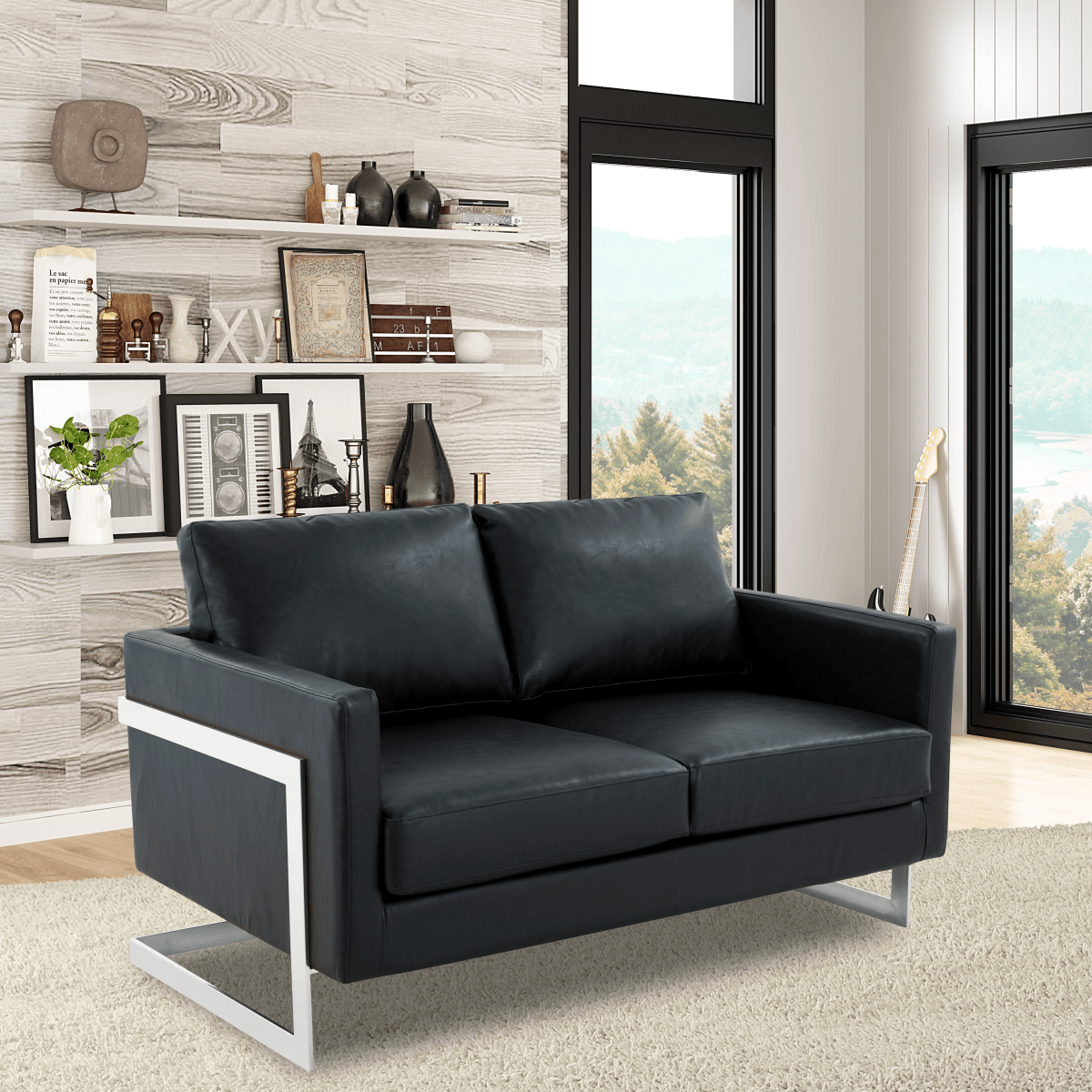 Lincoln Velvet/Leather Upholstered Loveseat with Gold/Black/Silver Steel Frame & Removable Cushions Leather Silver Black Sofa Leisuremod