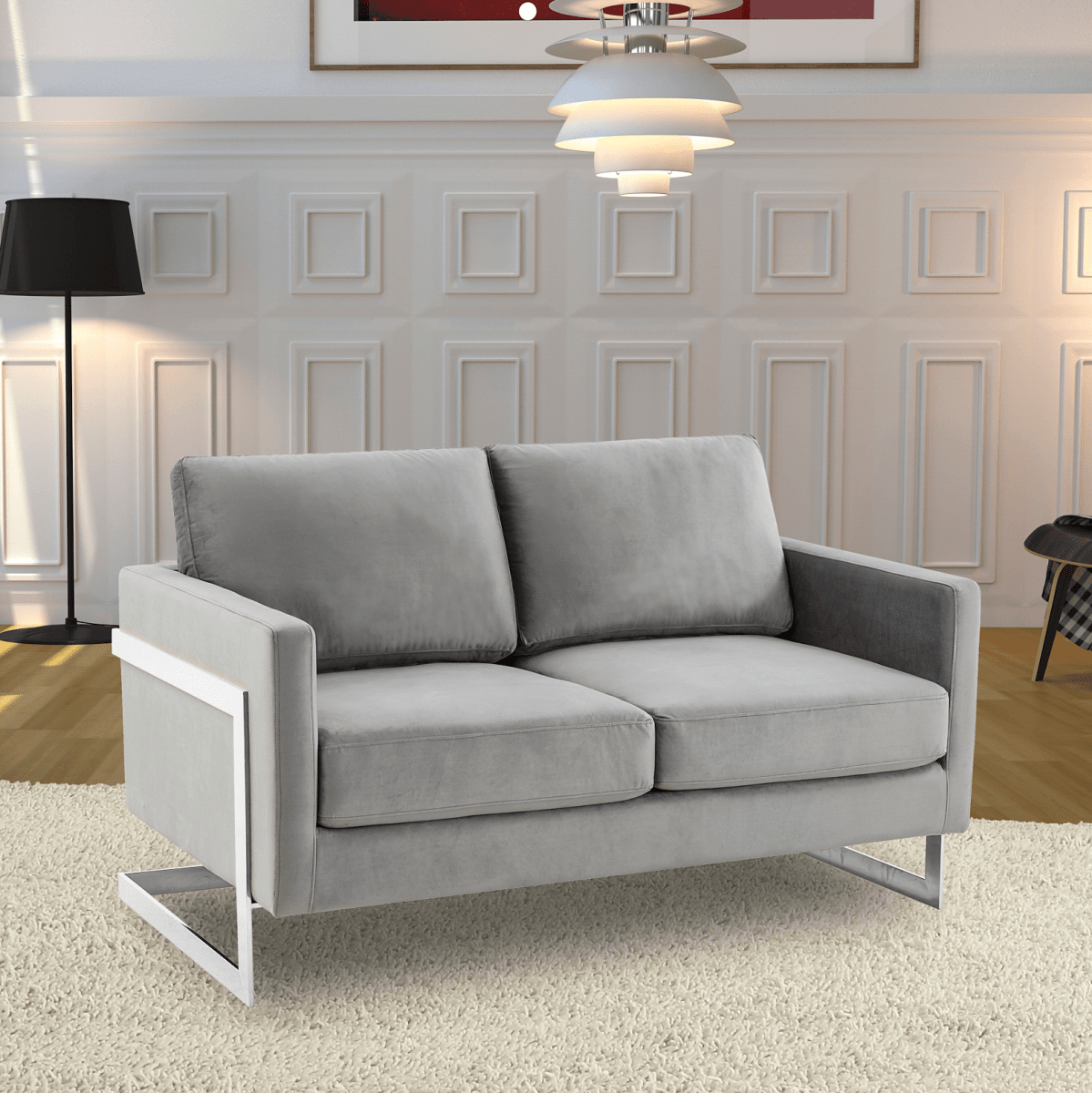 Lincoln Velvet/Leather Upholstered Loveseat with Gold/Black/Silver Steel Frame & Removable Cushions Velvet Silver Dark Grey Sofa Leisuremod
