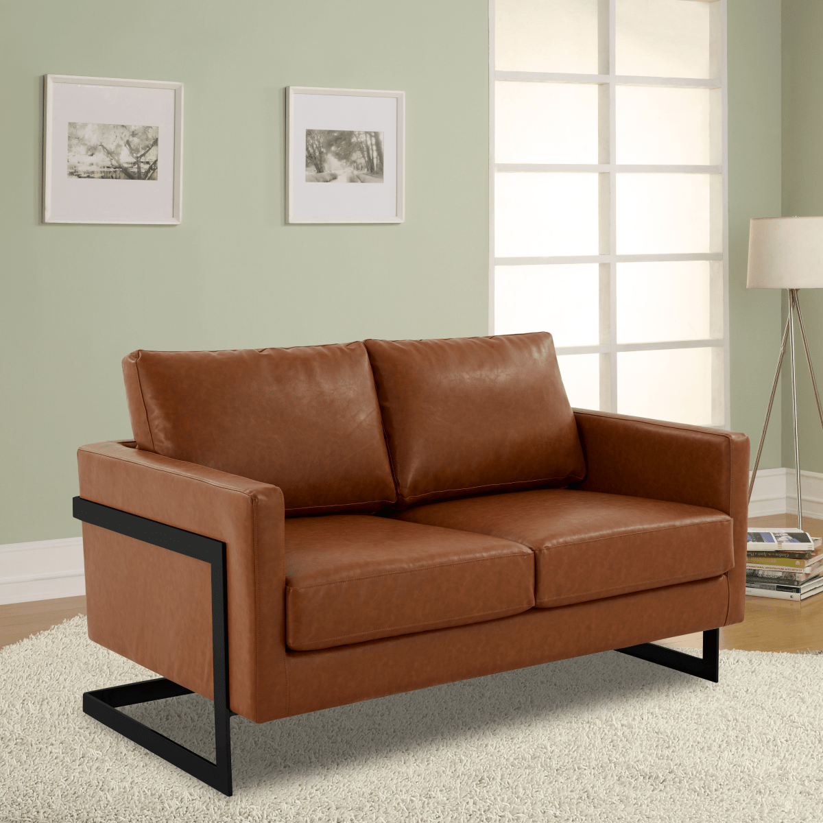 Lincoln Velvet/Leather Upholstered Loveseat with Gold/Black/Silver Steel Frame & Removable Cushions Leather Black Cognac Tan Sofa Leisuremod