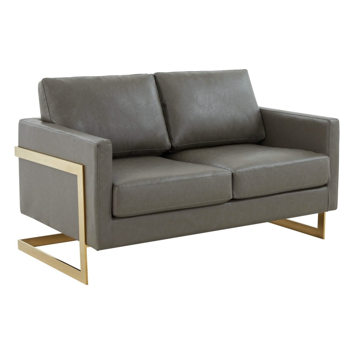 Lincoln Velvet/Leather Upholstered Loveseat with Gold/Black/Silver Steel Frame & Removable Cushions Leather Gold Grey Sofa Leisuremod