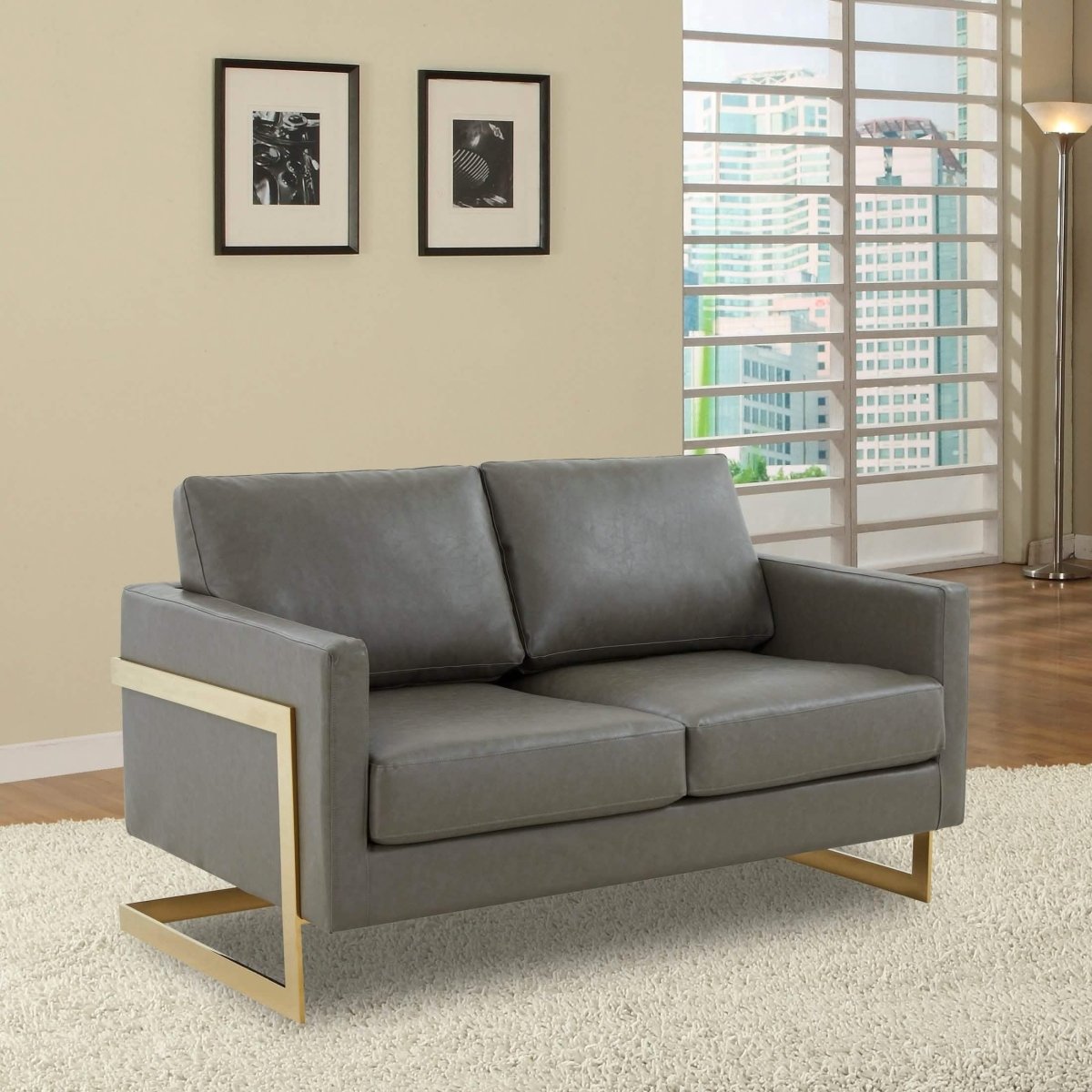 Lincoln Velvet/Leather Upholstered Loveseat with Gold/Black/Silver Steel Frame & Removable Cushions Leather Gold Grey Sofa Leisuremod