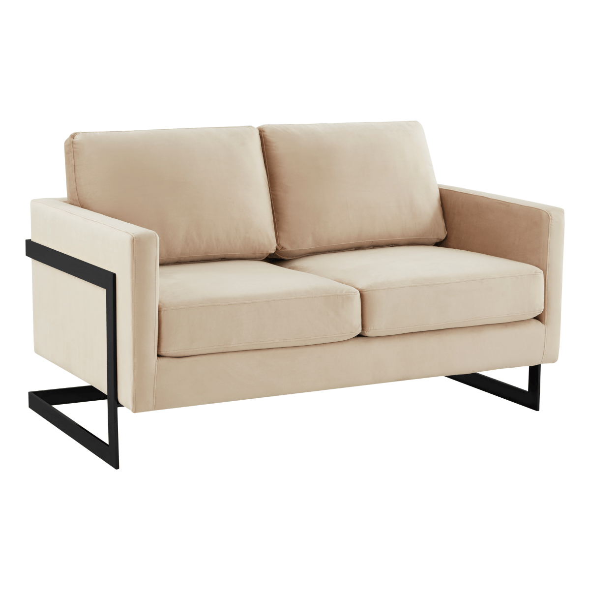 Lincoln Velvet/Leather Upholstered Loveseat with Gold/Black/Silver Steel Frame & Removable Cushions Velvet Black Beige Sofa Leisuremod