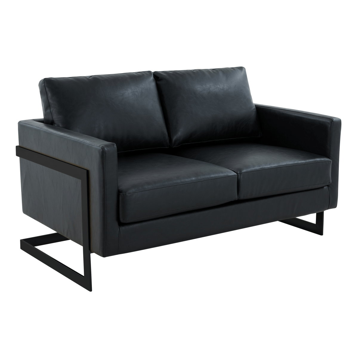 Lincoln Velvet/Leather Upholstered Loveseat with Gold/Black/Silver Steel Frame & Removable Cushions Leather Black Black Sofa Leisuremod