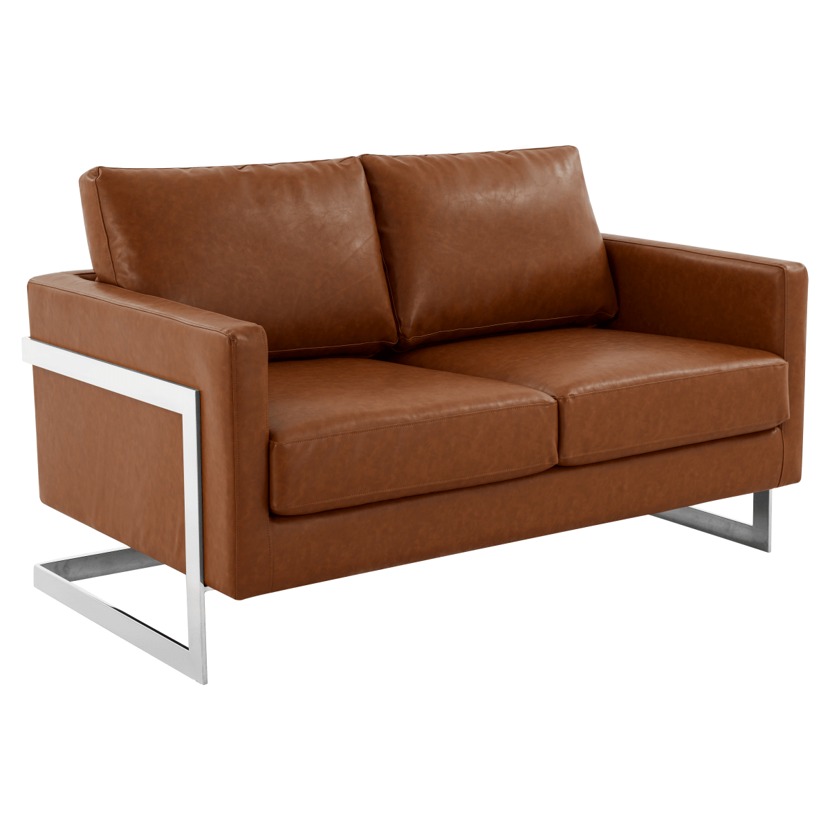 Lincoln Velvet/Leather Upholstered Loveseat with Gold/Black/Silver Steel Frame & Removable Cushions Leather Silver Cognac Tan Sofa Leisuremod