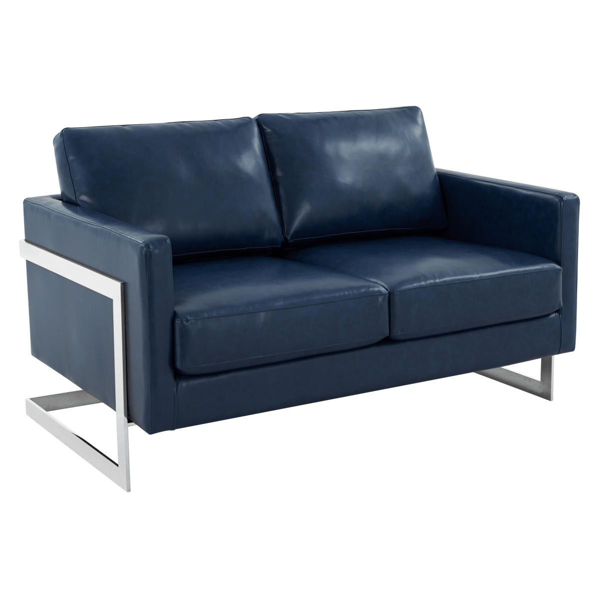 Lincoln Velvet/Leather Upholstered Loveseat with Gold/Black/Silver Steel Frame & Removable Cushions Leather Silver Navy Blue Sofa Leisuremod