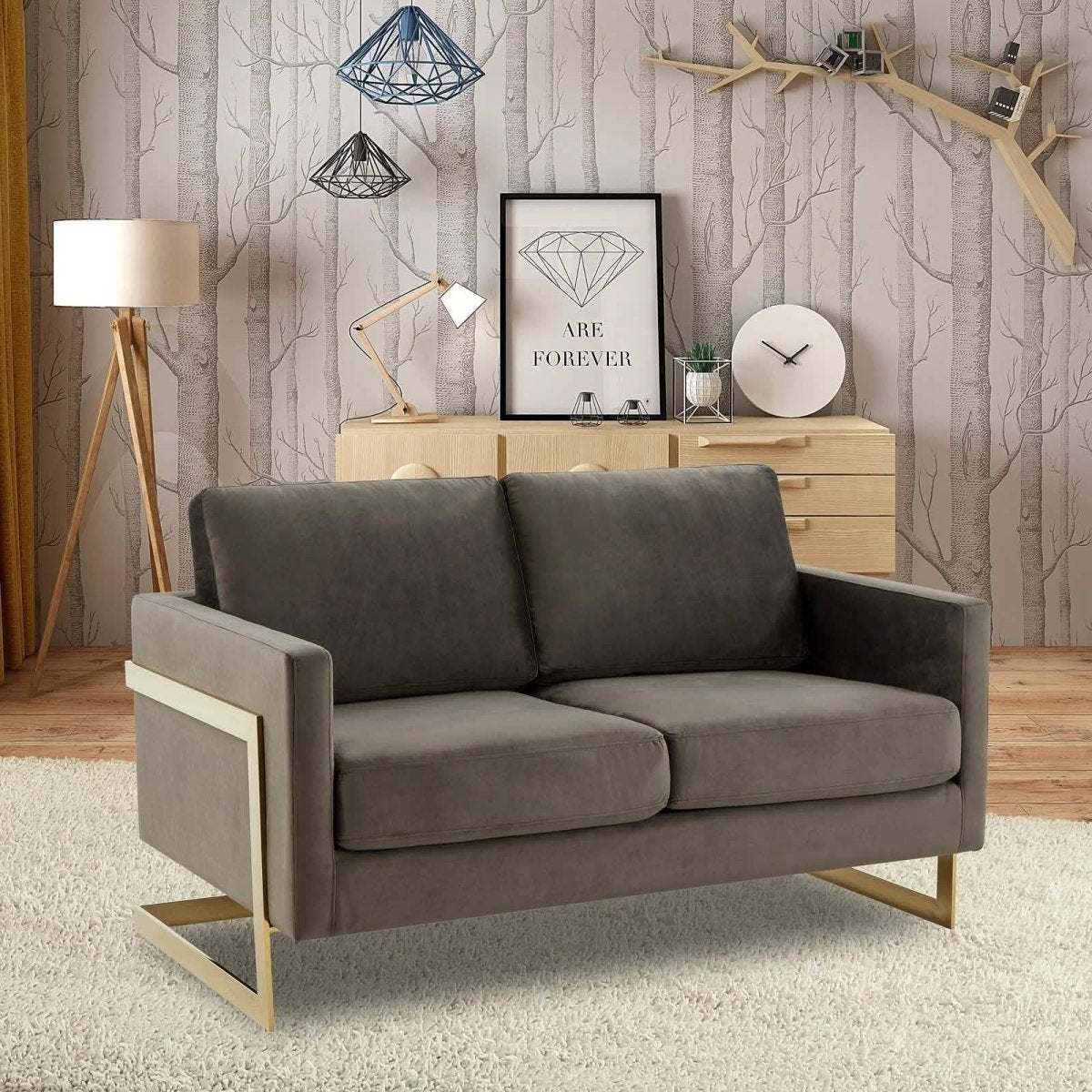 Lincoln Velvet/Leather Upholstered Loveseat with Gold/Black/Silver Steel Frame & Removable Cushions Velvet Gold Purple Sofa Leisuremod