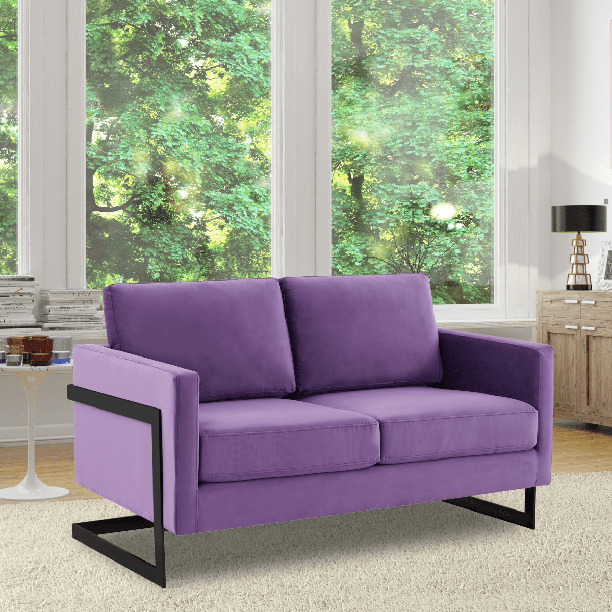 Lincoln Velvet/Leather Upholstered Loveseat with Gold/Black/Silver Steel Frame & Removable Cushions Velvet Black Light Grey Sofa Leisuremod