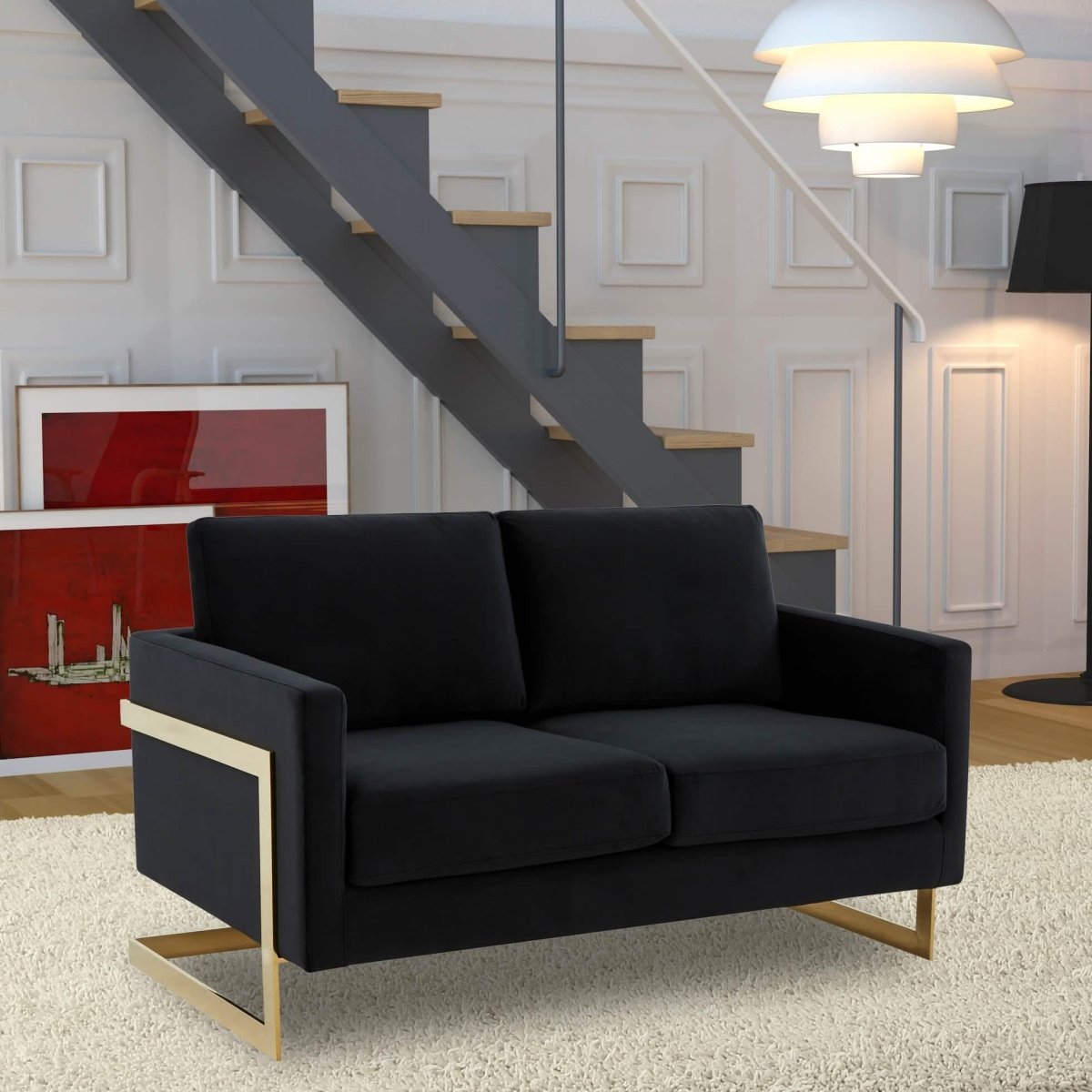Lincoln Velvet/Leather Upholstered Loveseat with Gold/Black/Silver Steel Frame & Removable Cushions Velvet Gold Purple Sofa Leisuremod