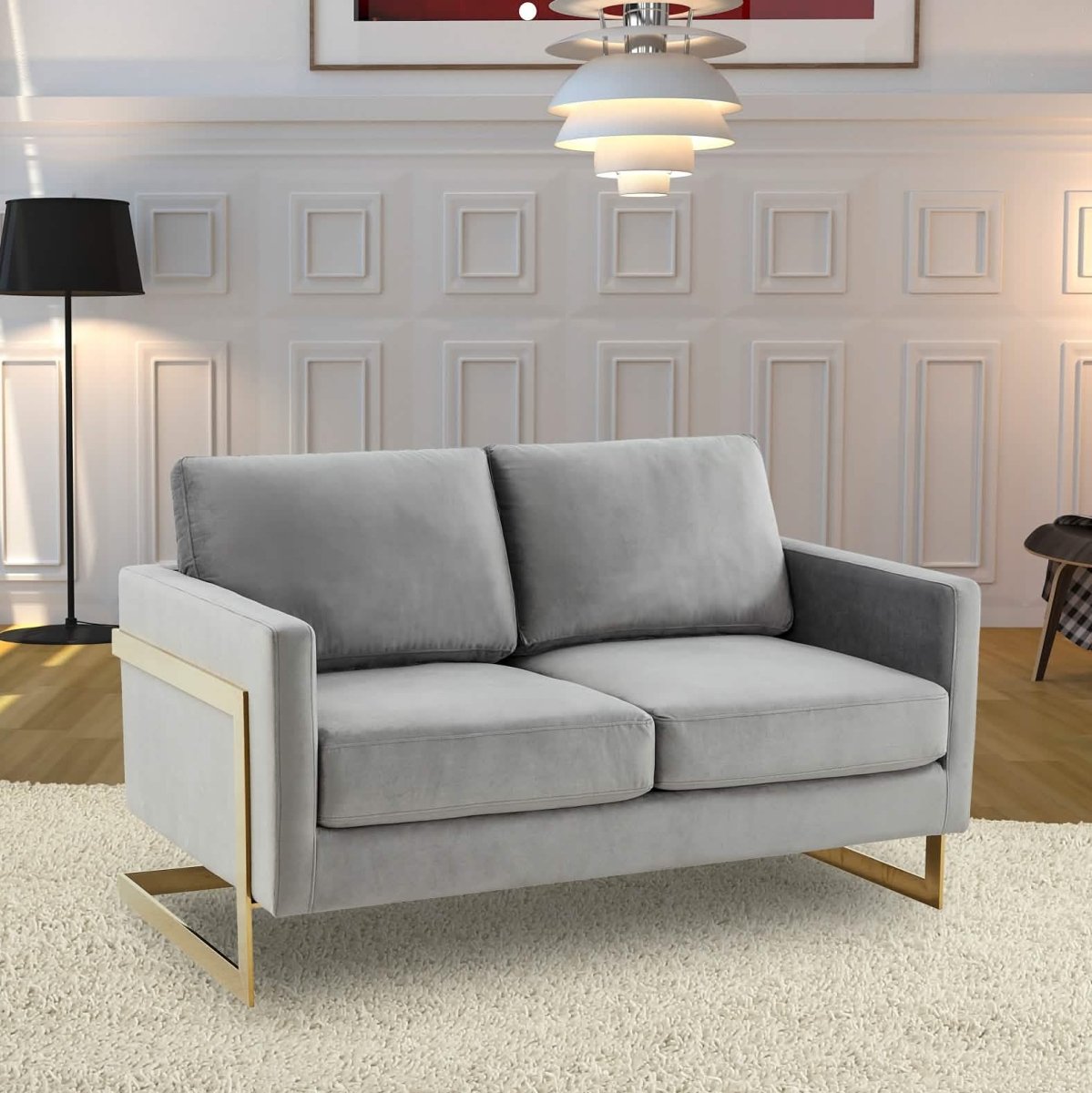 Lincoln Velvet/Leather Upholstered Loveseat with Gold/Black/Silver Steel Frame & Removable Cushions Velvet Gold Purple Sofa Leisuremod