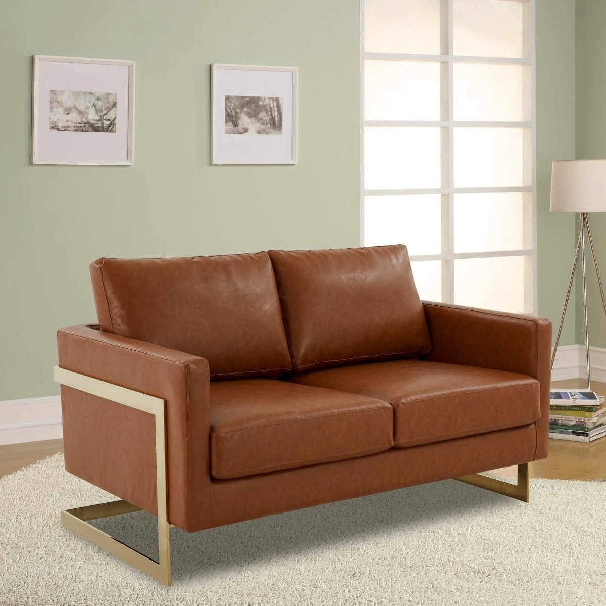 Lincoln Velvet/Leather Upholstered Loveseat with Gold/Black/Silver Steel Frame & Removable Cushions Leather Gold Cognac Tan Sofa Leisuremod