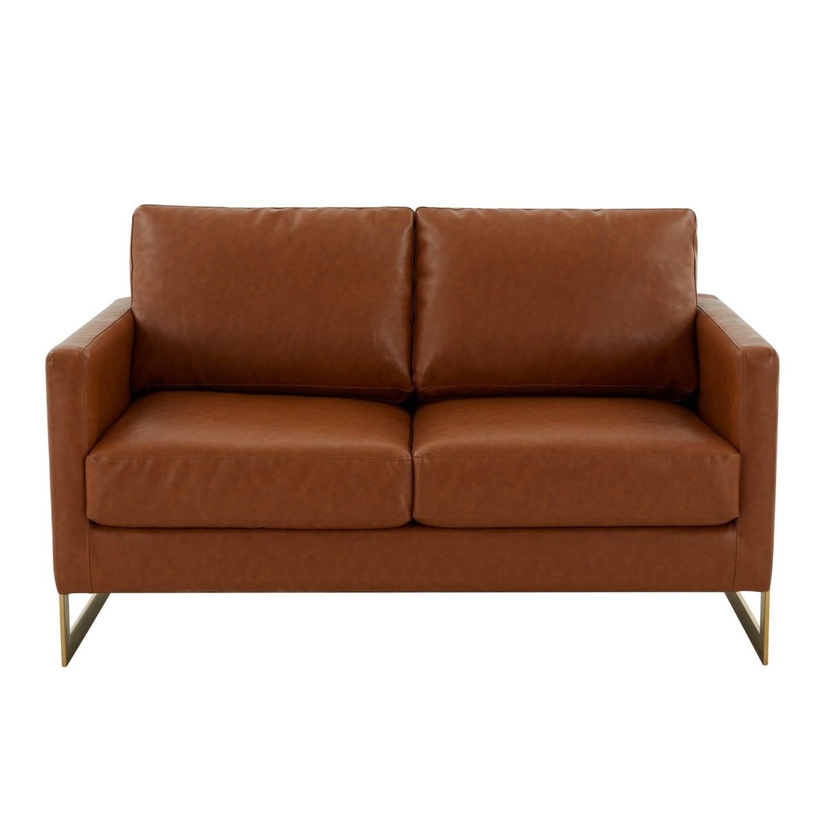 Lincoln Velvet/Leather Upholstered Loveseat with Gold/Black/Silver Steel Frame & Removable Cushions Leather Gold Cognac Tan Sofa Leisuremod