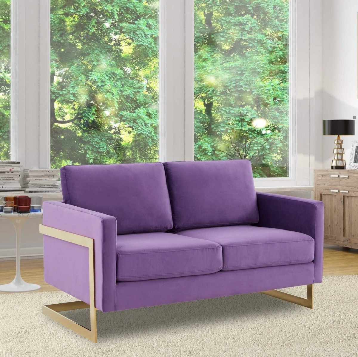 Lincoln Velvet/Leather Upholstered Loveseat with Gold/Black/Silver Steel Frame & Removable Cushions Velvet Gold Purple Sofa Leisuremod