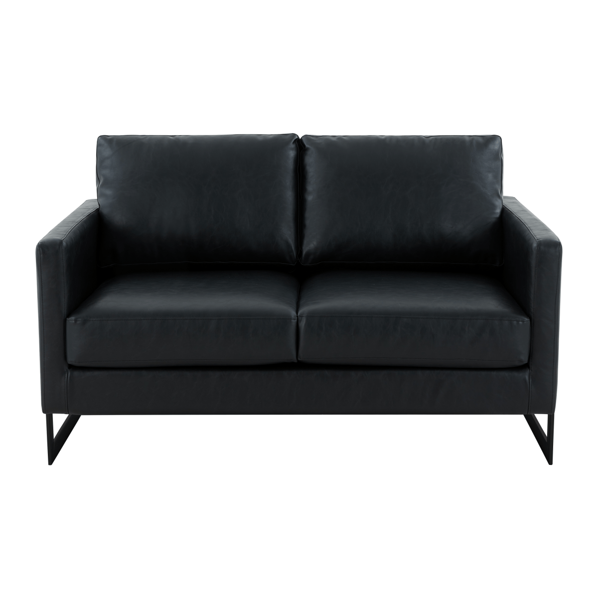 Lincoln Velvet/Leather Upholstered Loveseat with Gold/Black/Silver Steel Frame & Removable Cushions Leather Black Black Sofa Leisuremod