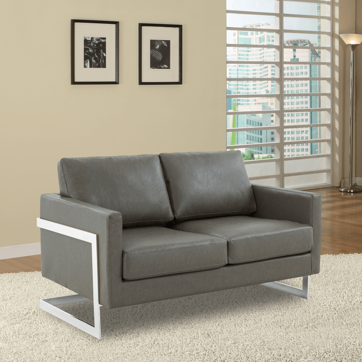 Lincoln Velvet/Leather Upholstered Loveseat with Gold/Black/Silver Steel Frame & Removable Cushions Leather Silver Grey Sofa Leisuremod