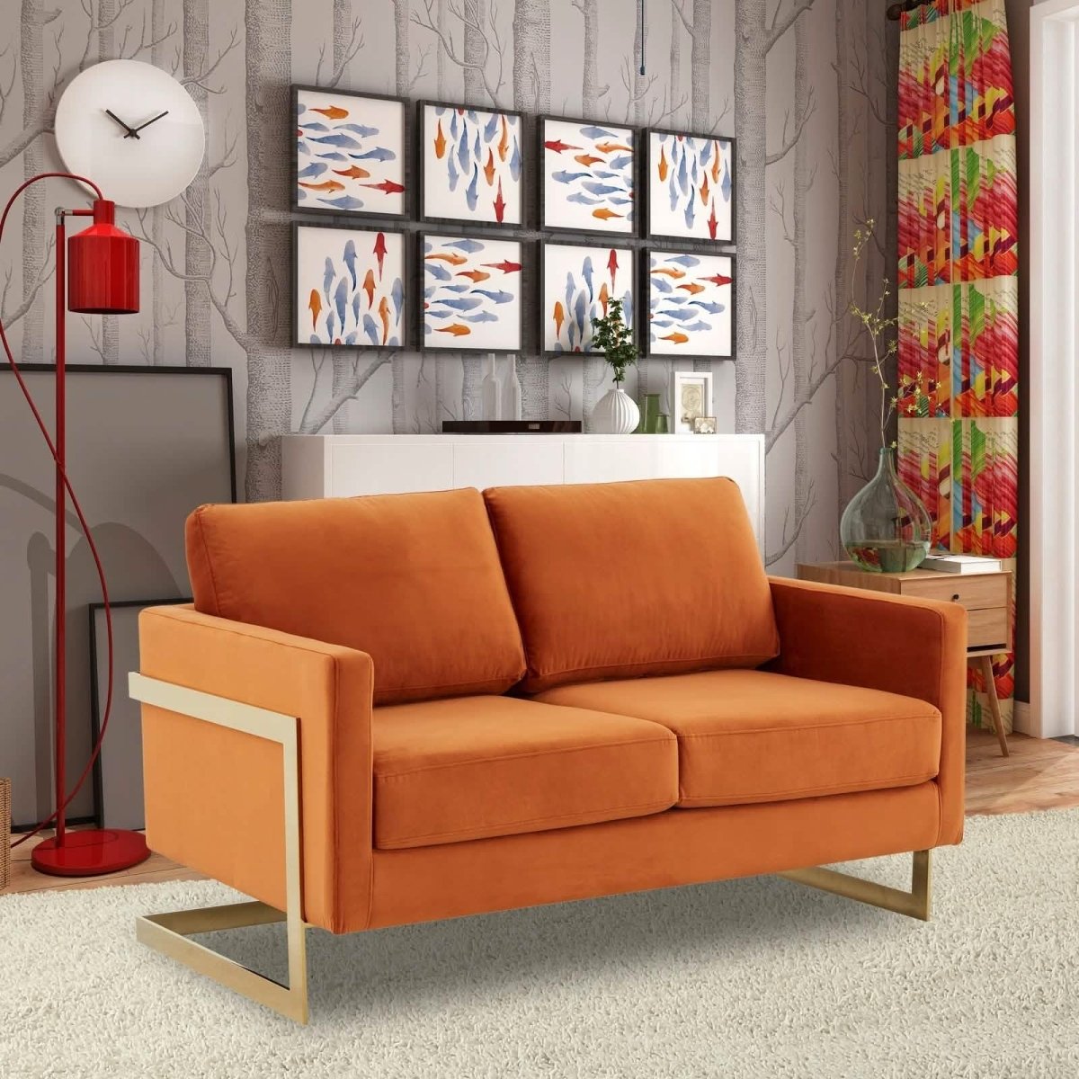 Lincoln Velvet/Leather Upholstered Loveseat with Gold/Black/Silver Steel Frame & Removable Cushions Velvet Gold Purple Sofa Leisuremod