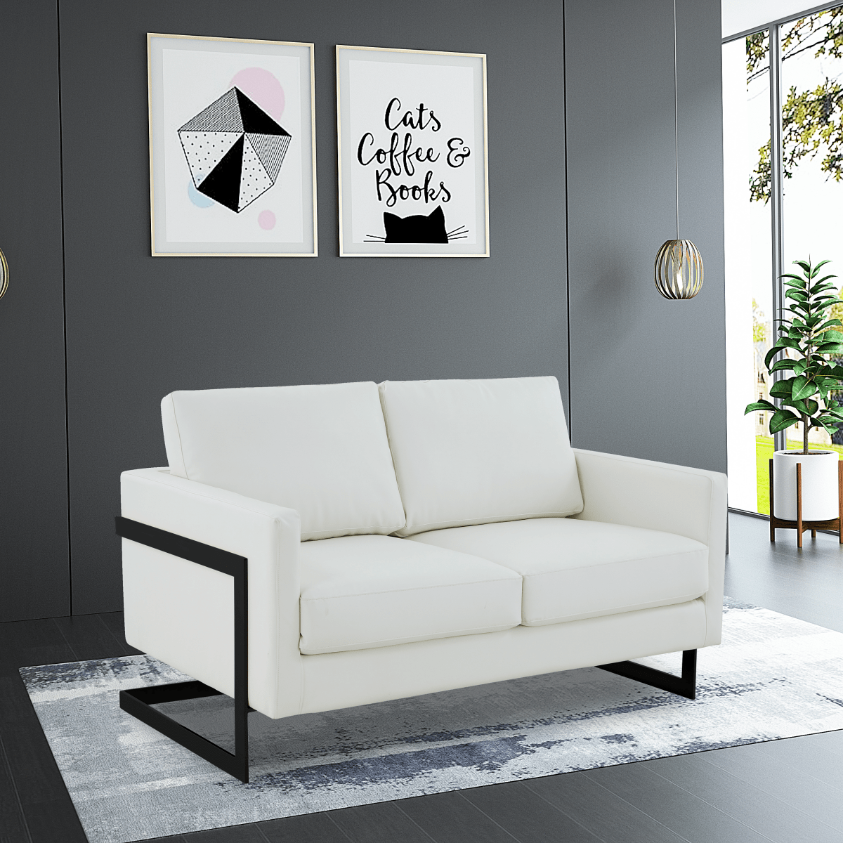 Lincoln Velvet/Leather Upholstered Loveseat with Gold/Black/Silver Steel Frame & Removable Cushions Leather Black White Sofa Leisuremod