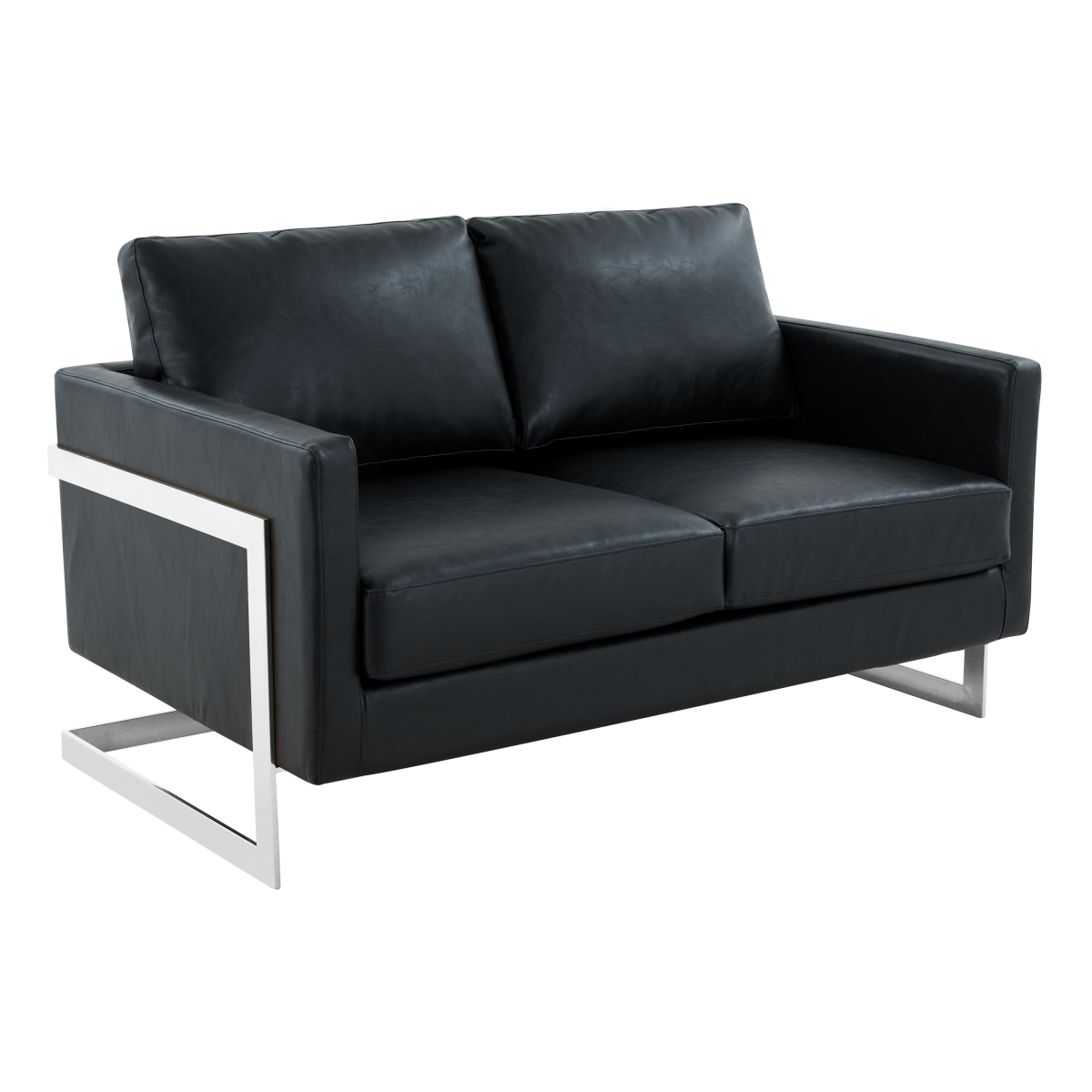 Lincoln Velvet/Leather Upholstered Loveseat with Gold/Black/Silver Steel Frame & Removable Cushions Leather Silver Black Sofa Leisuremod
