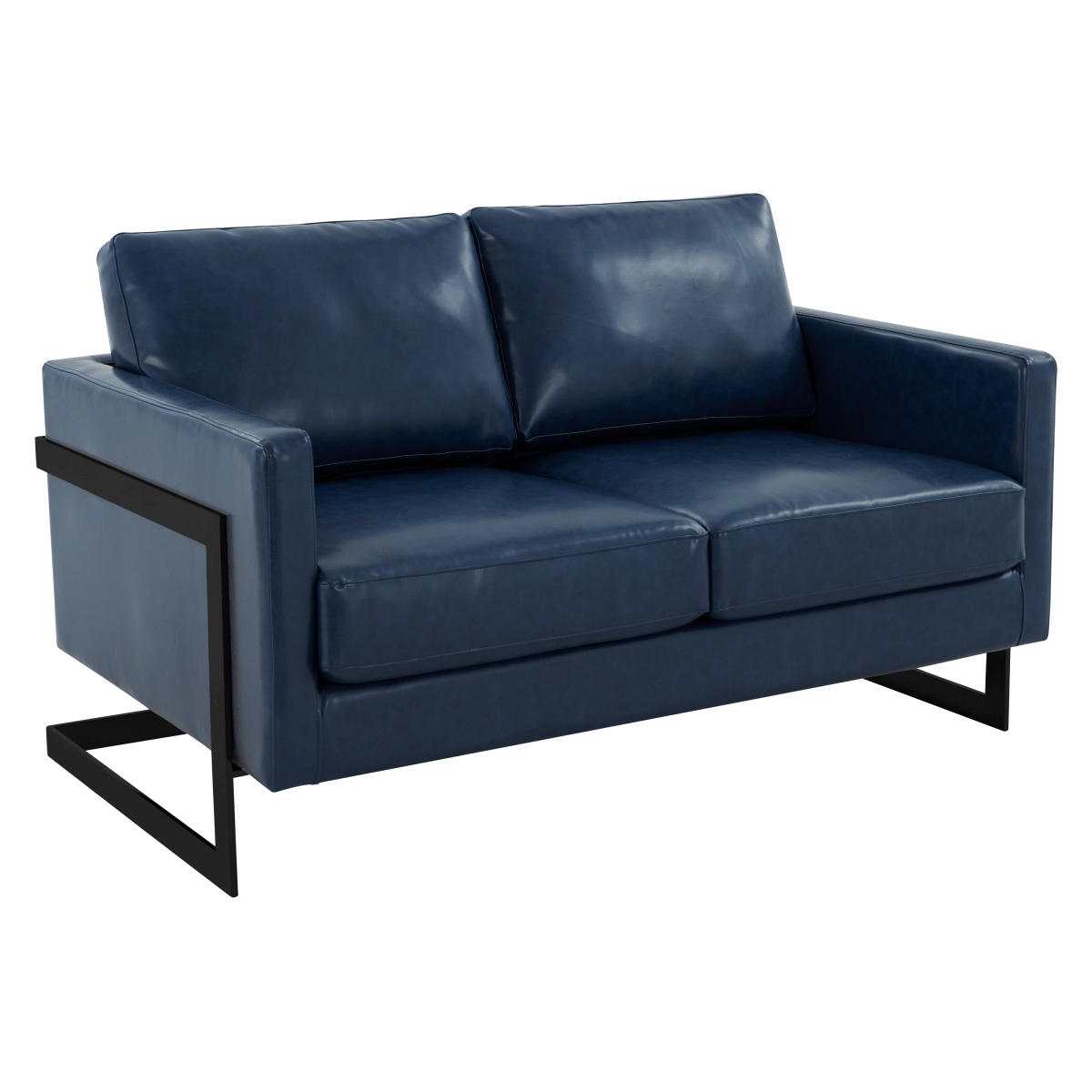 Lincoln Velvet/Leather Upholstered Loveseat with Gold/Black/Silver Steel Frame & Removable Cushions Leather Black Navy Blue Sofa Leisuremod