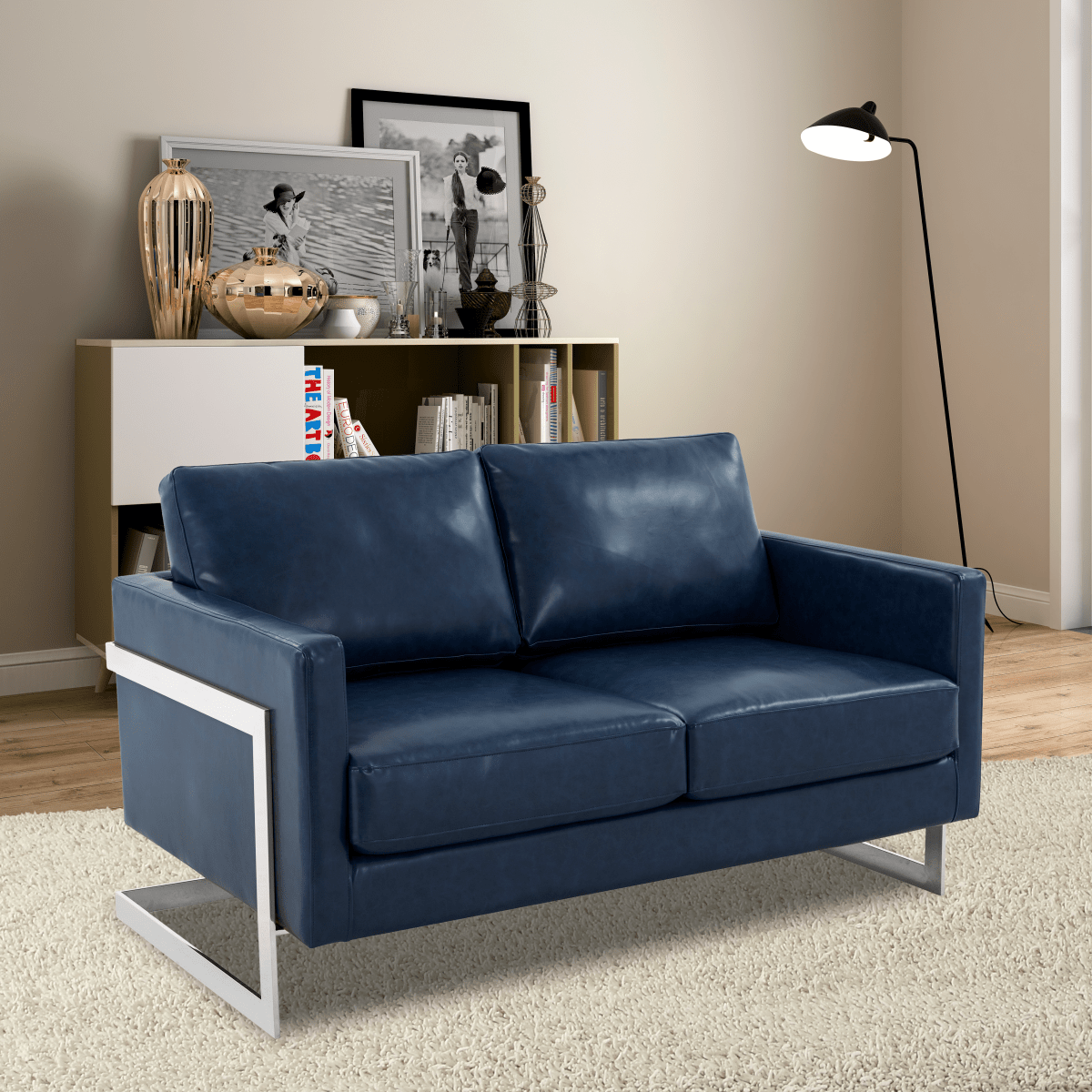 Lincoln Velvet/Leather Upholstered Loveseat with Gold/Black/Silver Steel Frame & Removable Cushions Leather Silver Navy Blue Sofa Leisuremod