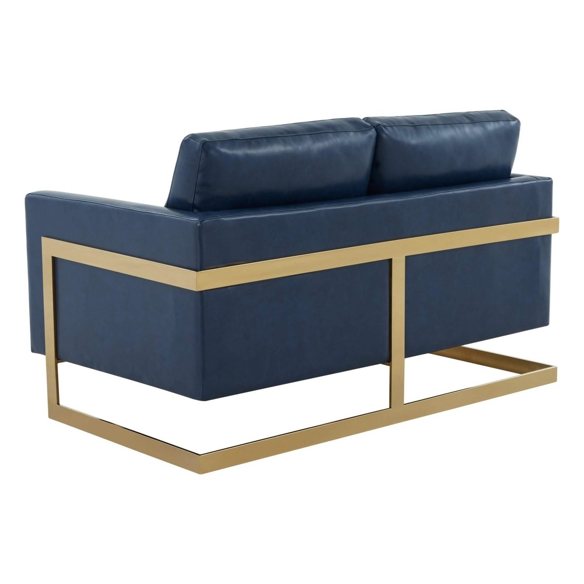Lincoln Velvet/Leather Upholstered Loveseat with Gold/Black/Silver Steel Frame & Removable Cushions Leather Gold Navy Blue Sofa Leisuremod