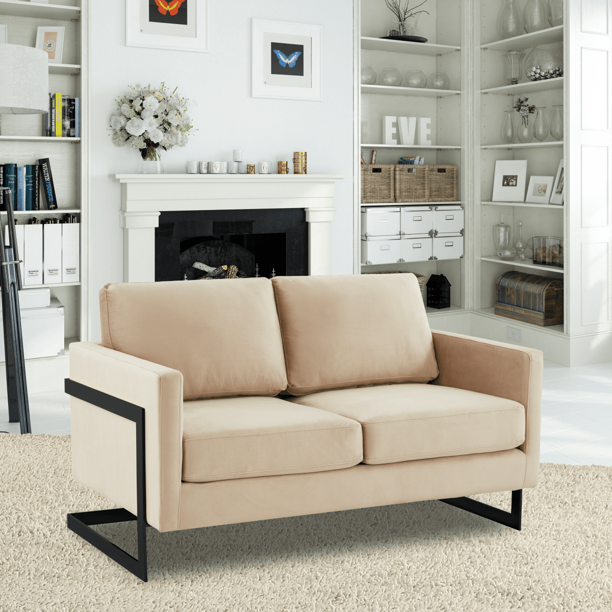 Lincoln Velvet/Leather Upholstered Loveseat with Gold/Black/Silver Steel Frame & Removable Cushions Velvet Black Beige Sofa Leisuremod