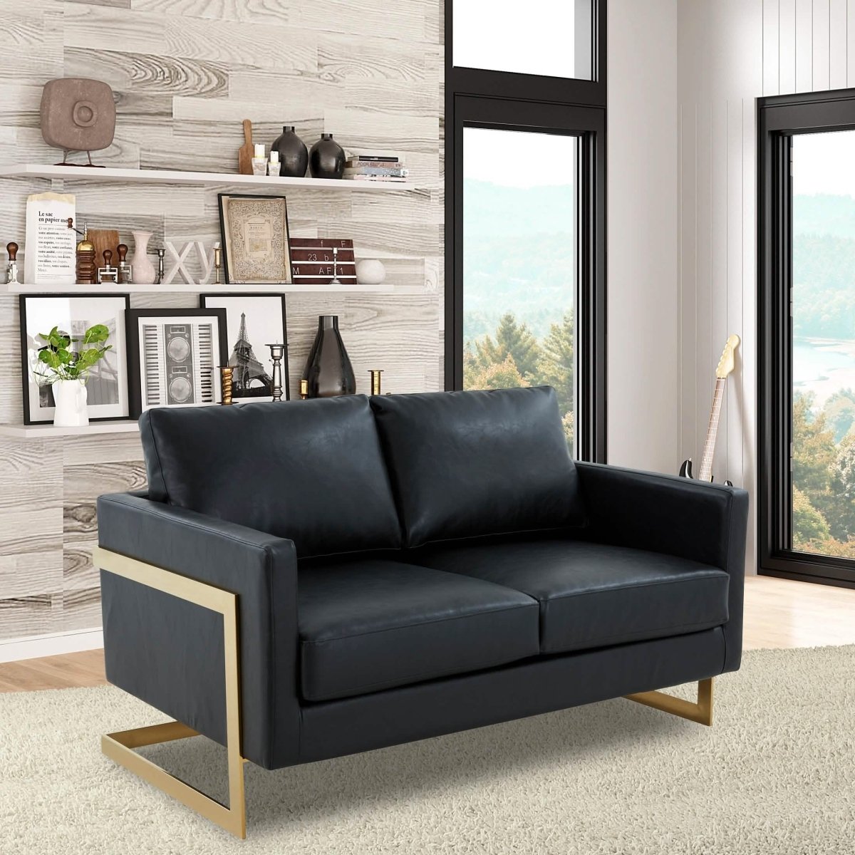 Lincoln Velvet/Leather Upholstered Loveseat with Gold/Black/Silver Steel Frame & Removable Cushions Leather Gold Black Sofa Leisuremod